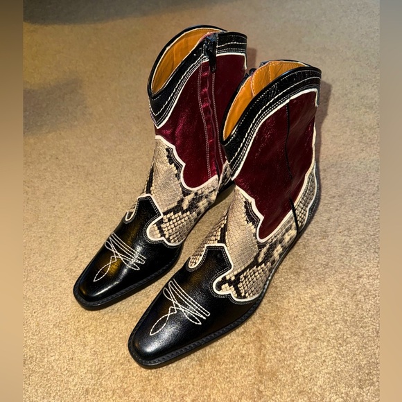 Zara Shoes - Zara Black and Red Ankle Boots with Snakeskin Detail